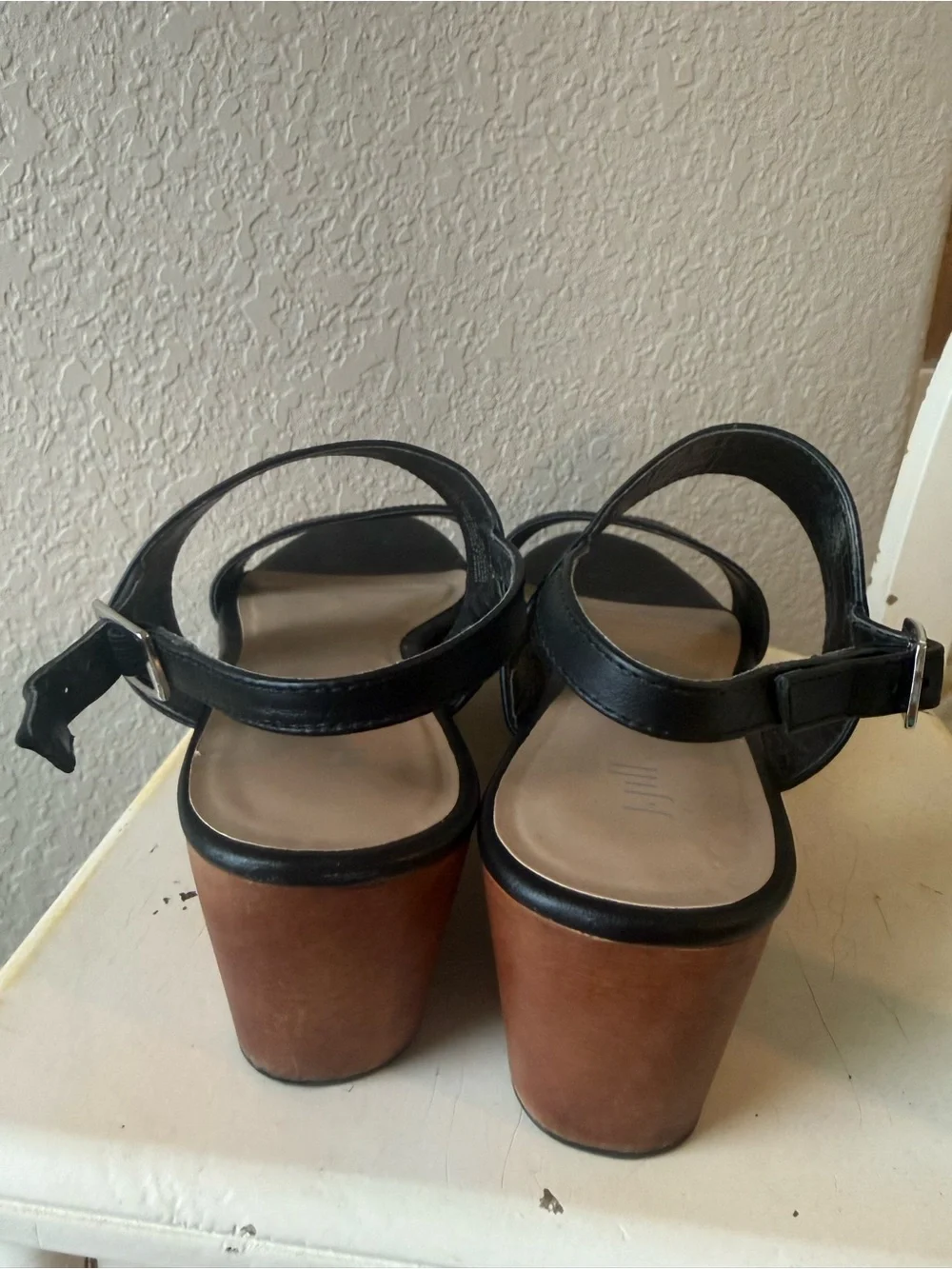J. Jill Black Leather Platform Sandal with Wood-Tone Wedge